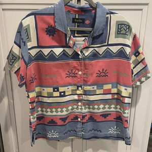 Vintage True Grit Cotton Shirt Women L Aztec Blouse USA Made Short Sleeve